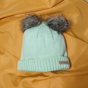 Columbia Light Green Kids Hat with Faux Fur Pom Poms